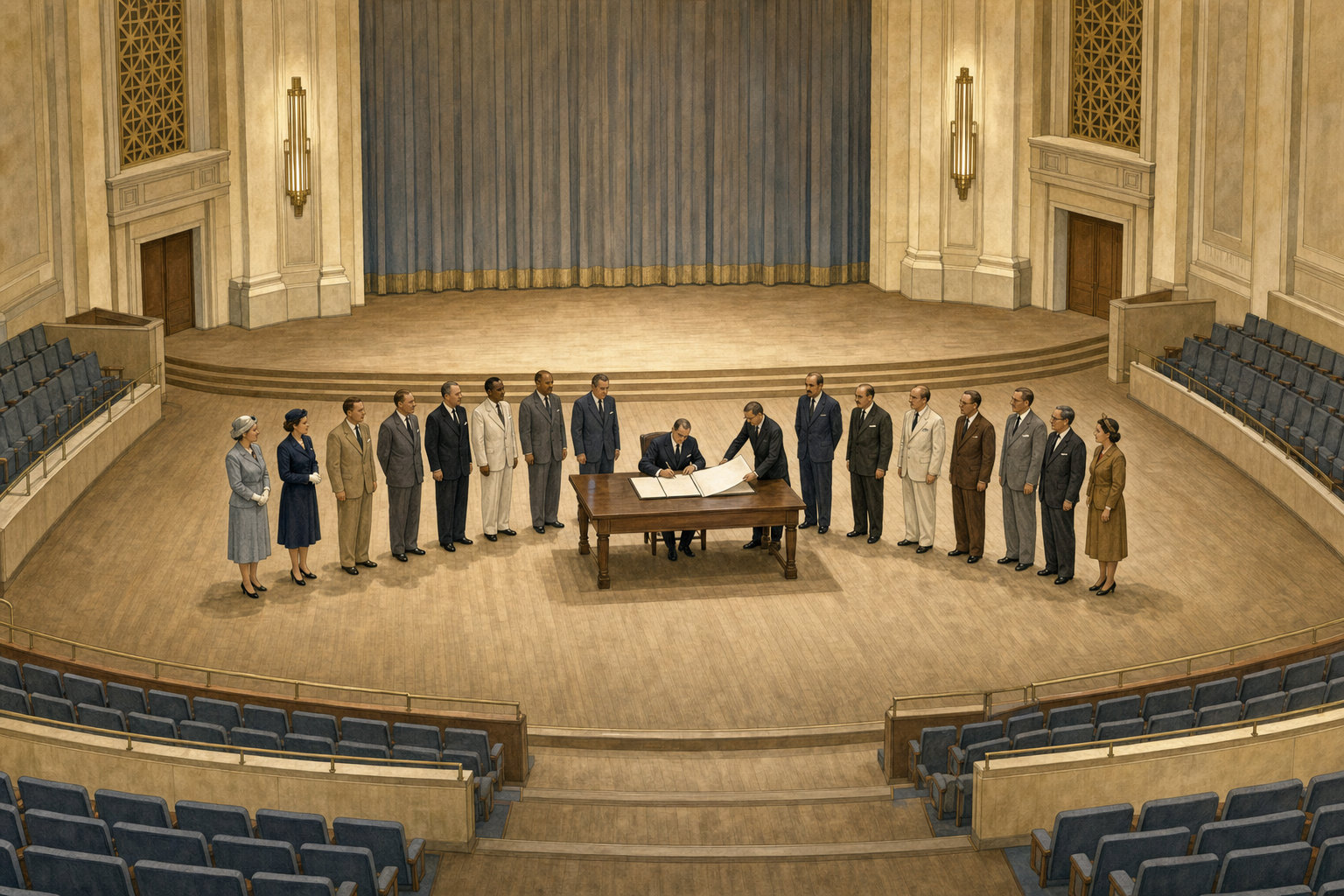 Reconstruction of national delegates approaching the United Nations Charter signing table in the San Francisco conference hall on 26 June 1945