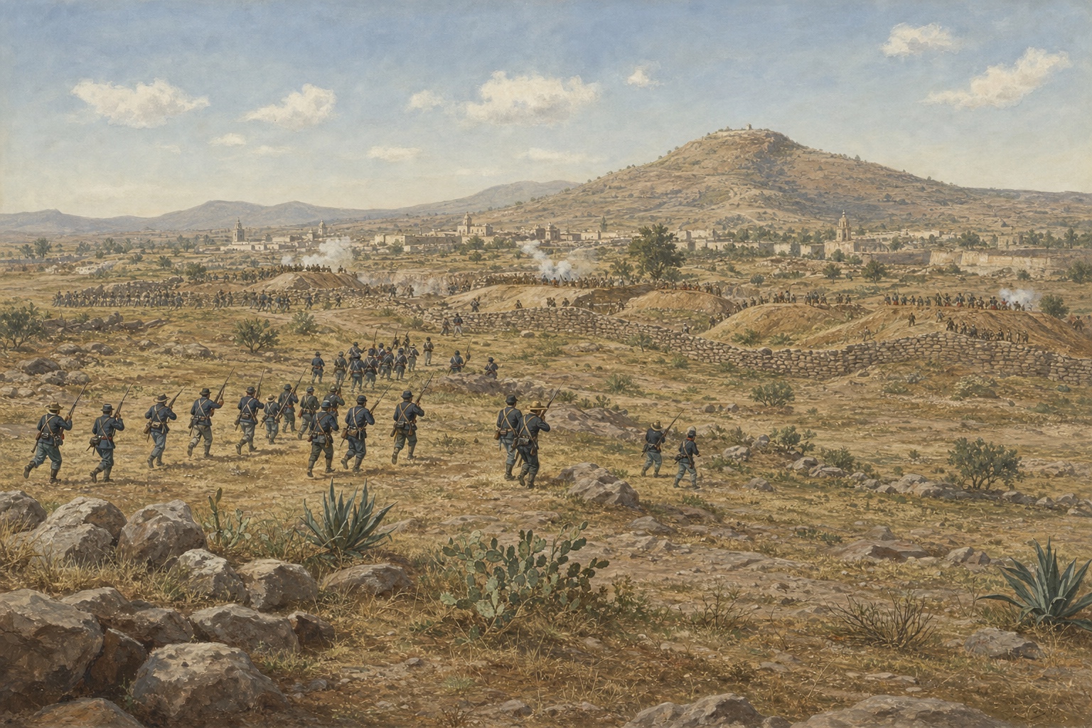 Illustrated reconstruction of Mexican republican troops advancing on imperial defensive positions at Querétaro in 1867