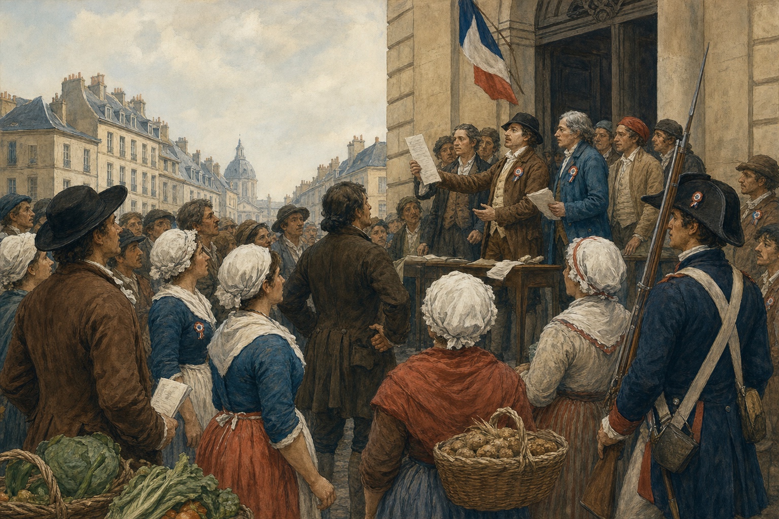 Illustrated reconstruction of Paris residents debating petitions at a neighborhood assembly