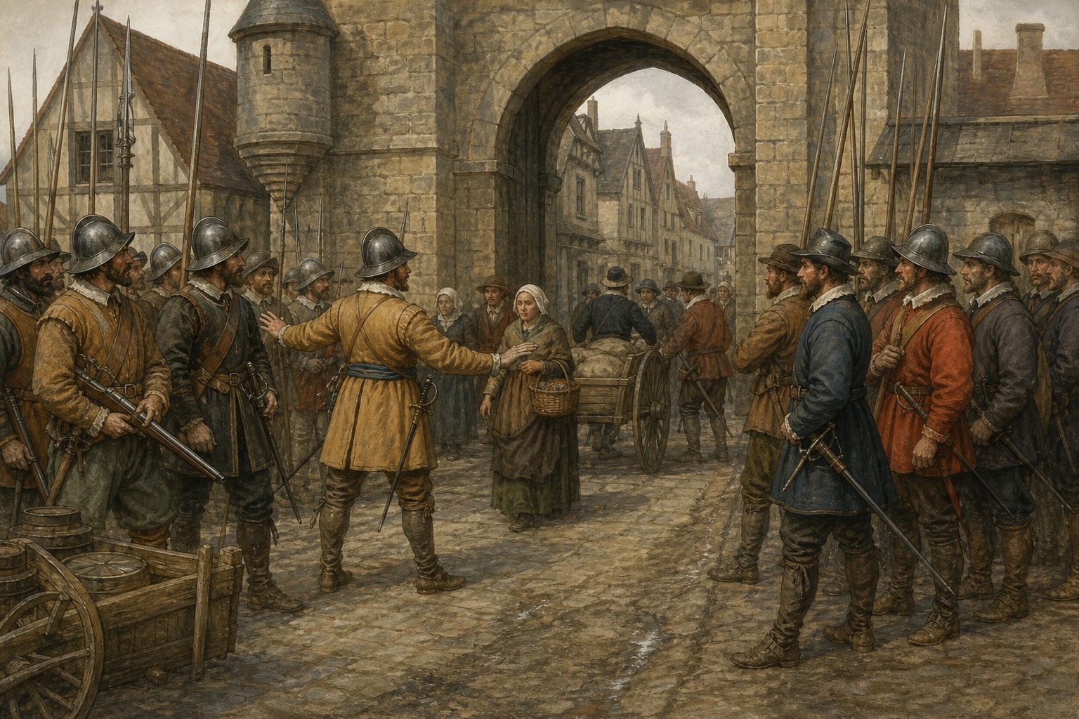 Illustrated reconstruction of a guarded late-sixteenth-century French city gate divided between armed factions