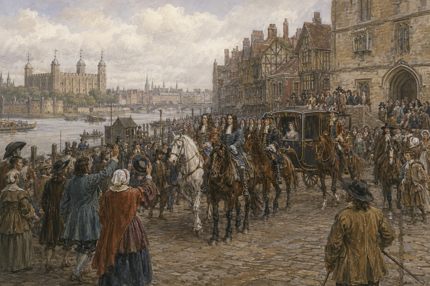 Historical reconstruction of a London crowd greeting the new monarchs’ carriage procession during the Glorious Revolution