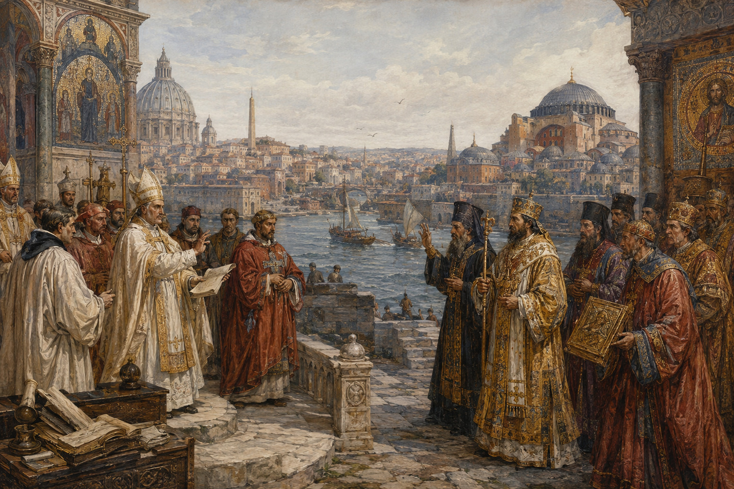 Historical reconstruction of eastern and western clergy confronting one another in Constantinople in 1054