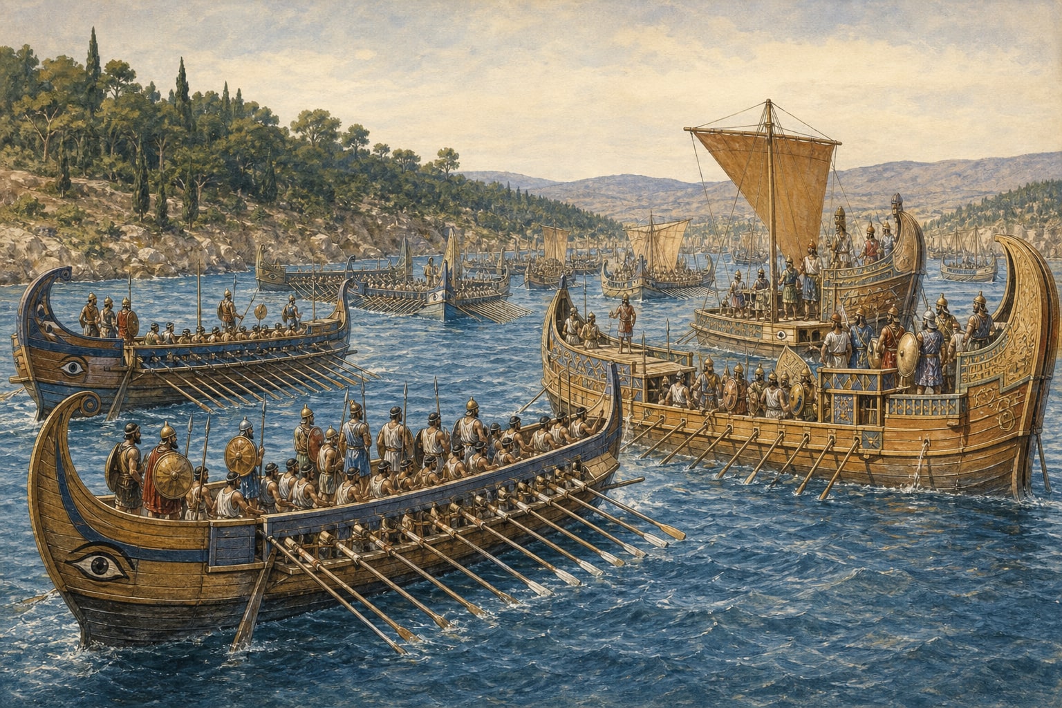 Illustrated reconstruction of Greek and Persian ships facing one another in the straits of Salamis