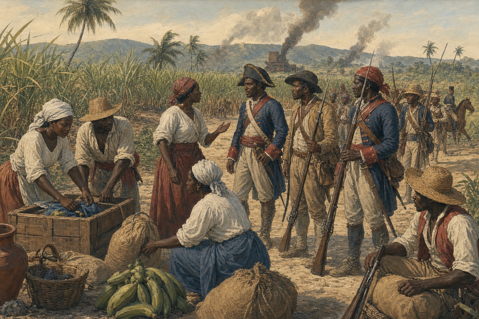 Illustrated reconstruction of Black civilians and troops organizing supplies beside cane fields
