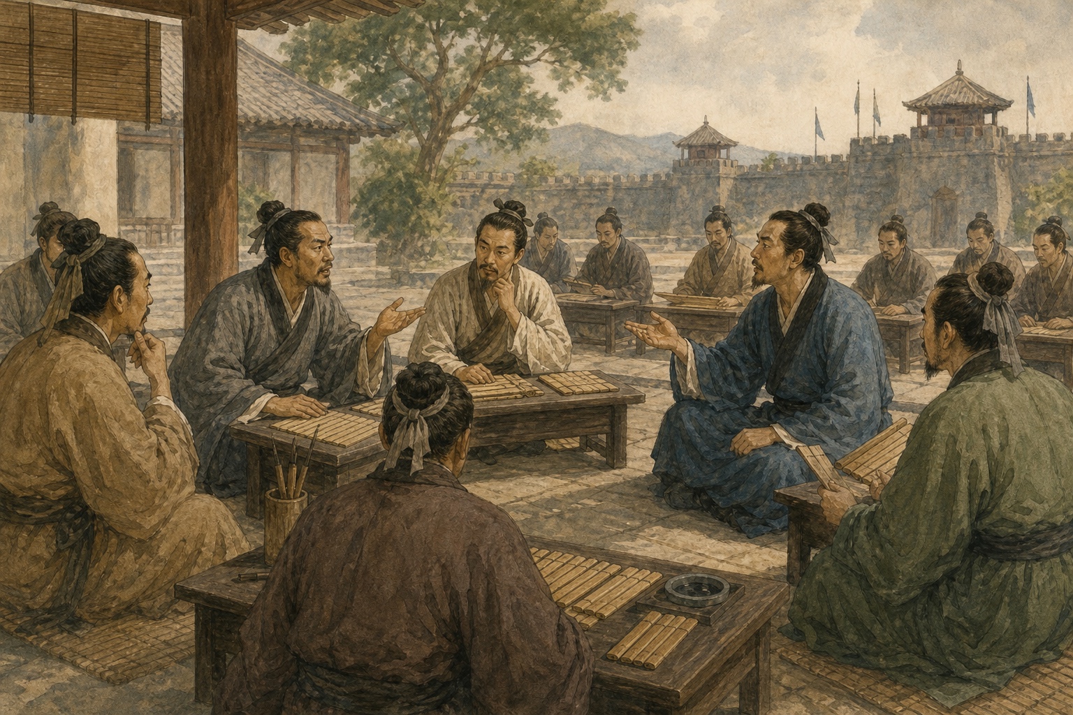 Illustrated reconstruction of teachers and students debating over bamboo slips in an Eastern Zhou courtyard