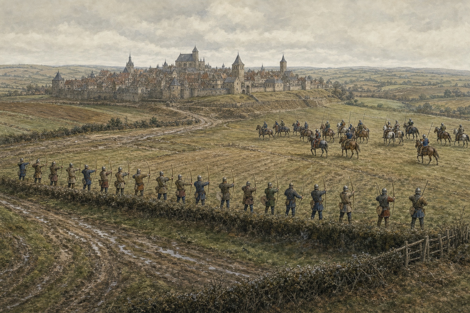 Late-medieval English and French forces face each other with longbowmen, cavalry, and a fortified landscape