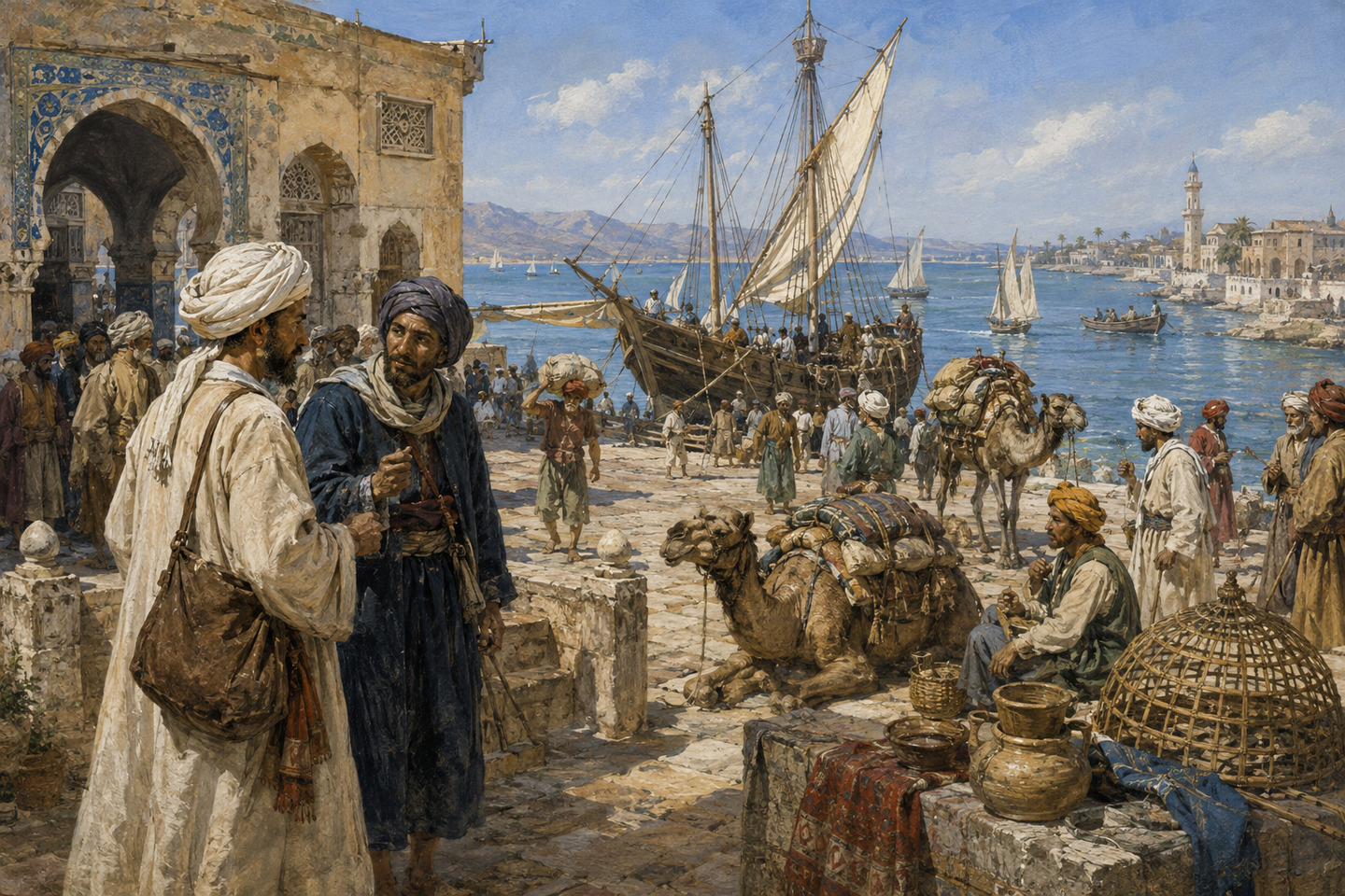 Historical reconstruction of Ibn Battuta meeting sailors and merchants at a busy Indian Ocean port