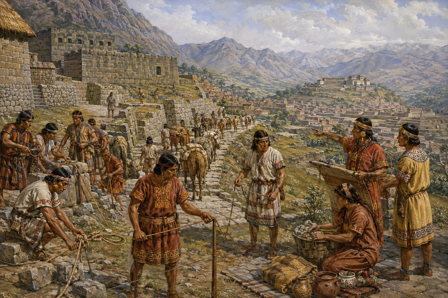 Historical reconstruction of workers, officials, and llama caravans extending the Inca road network through the Andes