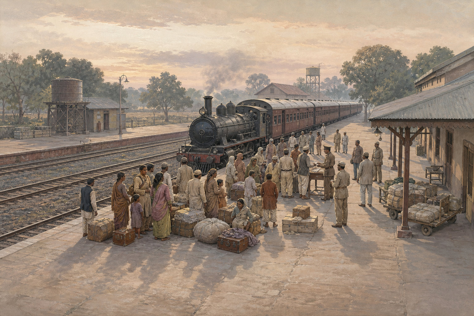 Reconstruction of families with bundles waiting beside a steam train while officials coordinate movement in 1947