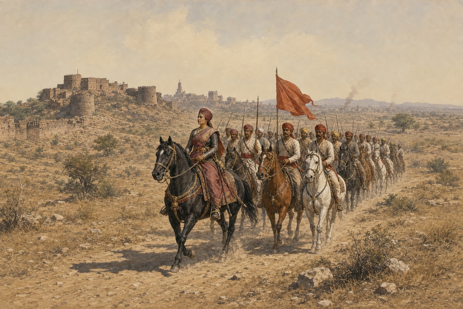 Rani Lakshmibai leads mounted rebel troops near Jhansi in 1858