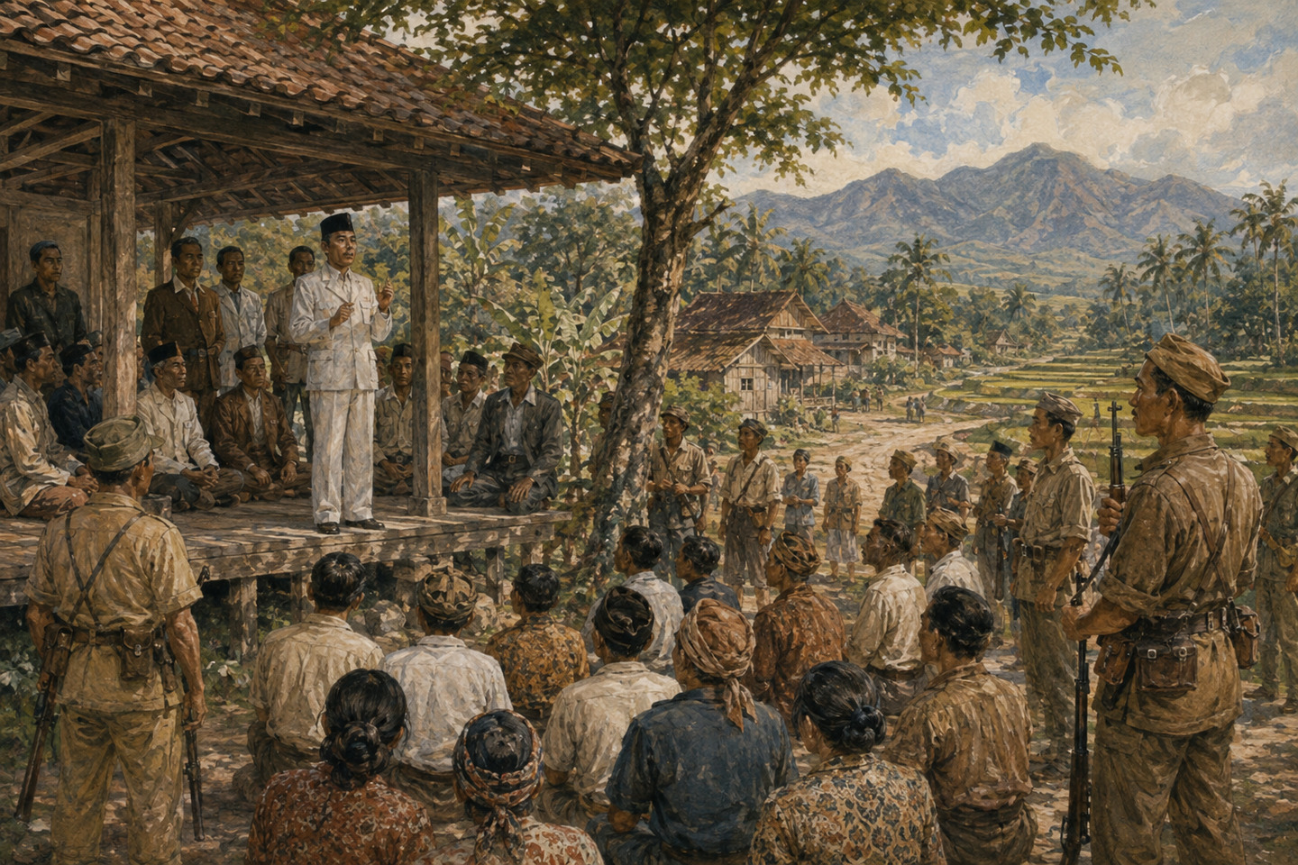 Historical reconstruction of an independence leader addressing villagers and armed youths in rural Indonesia