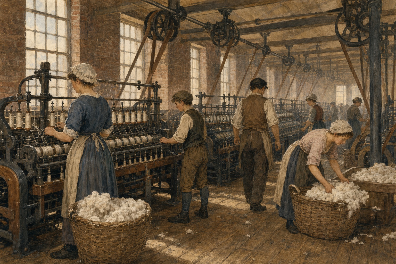 Illustrated reconstruction of workers tending spinning machinery inside a steam-era textile mill