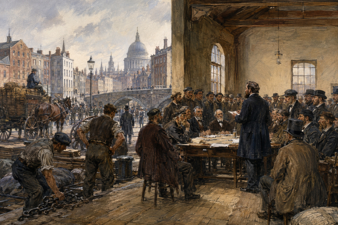 Historical reconstruction of workers and international delegates debating inside a London workshop