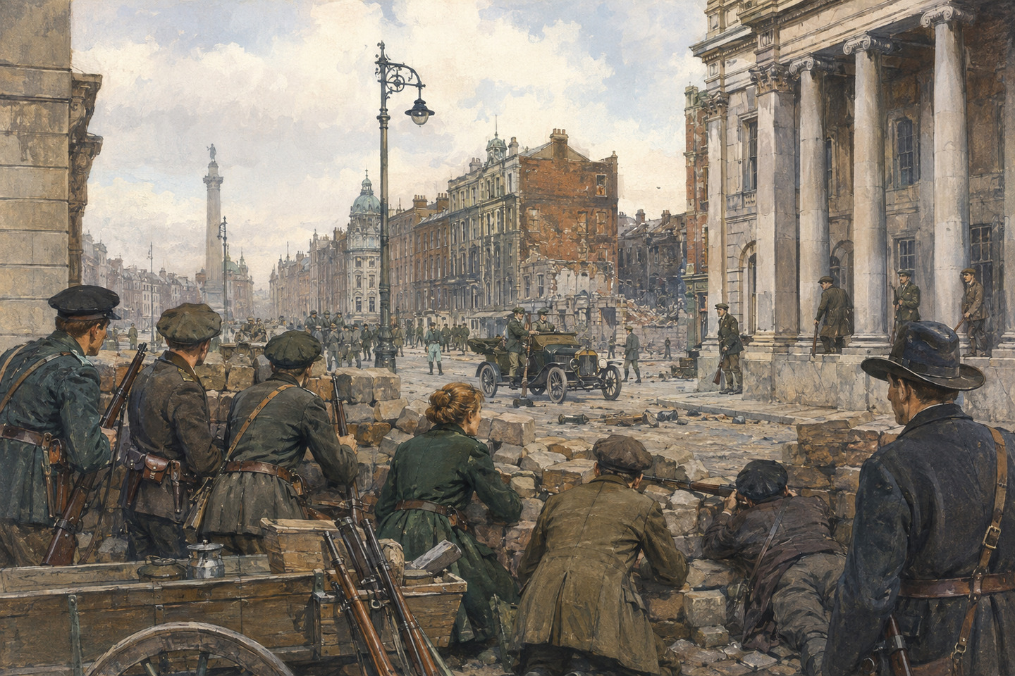 Historical reconstruction of armed rebels guarding a barricade in central Dublin during the Easter Rising