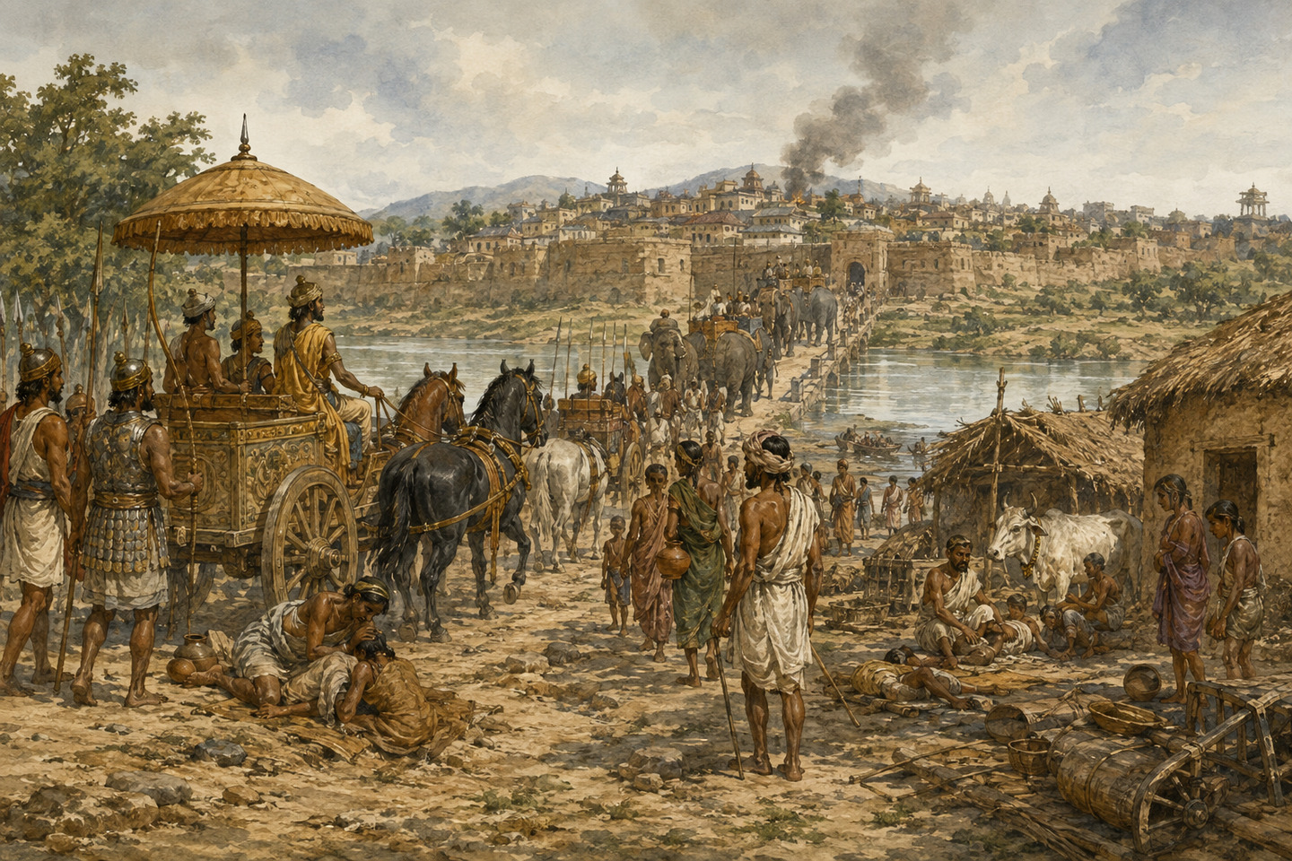 Historical reconstruction of Mauryan chariots, cavalry, and infantry advancing beside a river during the Kalinga War