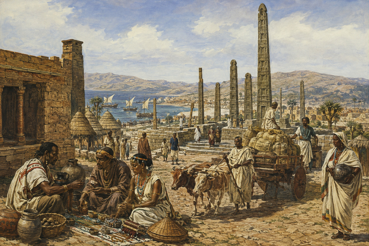 Historical reconstruction of merchants, caravans, and residents trading in Aksum among its monumental stelae