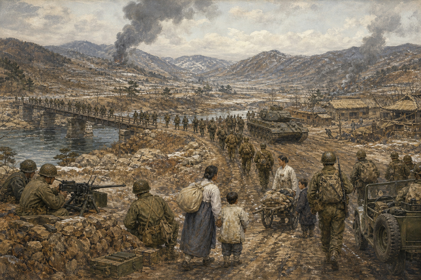 Historical reconstruction of soldiers and refugees crossing a river and bridge in a wintry Korean landscape