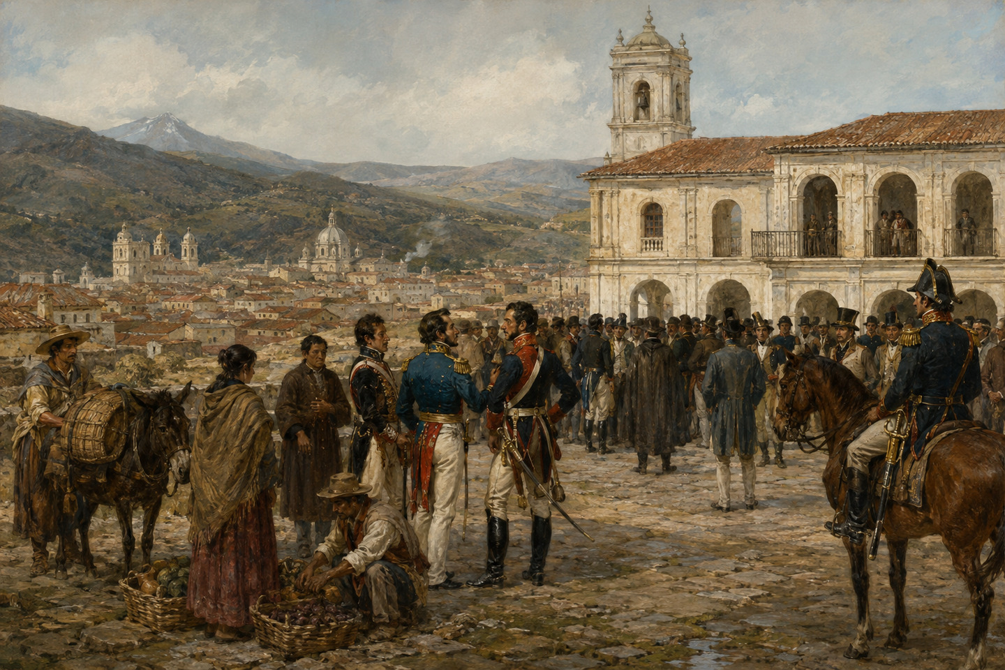 Historical reconstruction of independence officers, soldiers, and residents assembling in an Andean colonial town