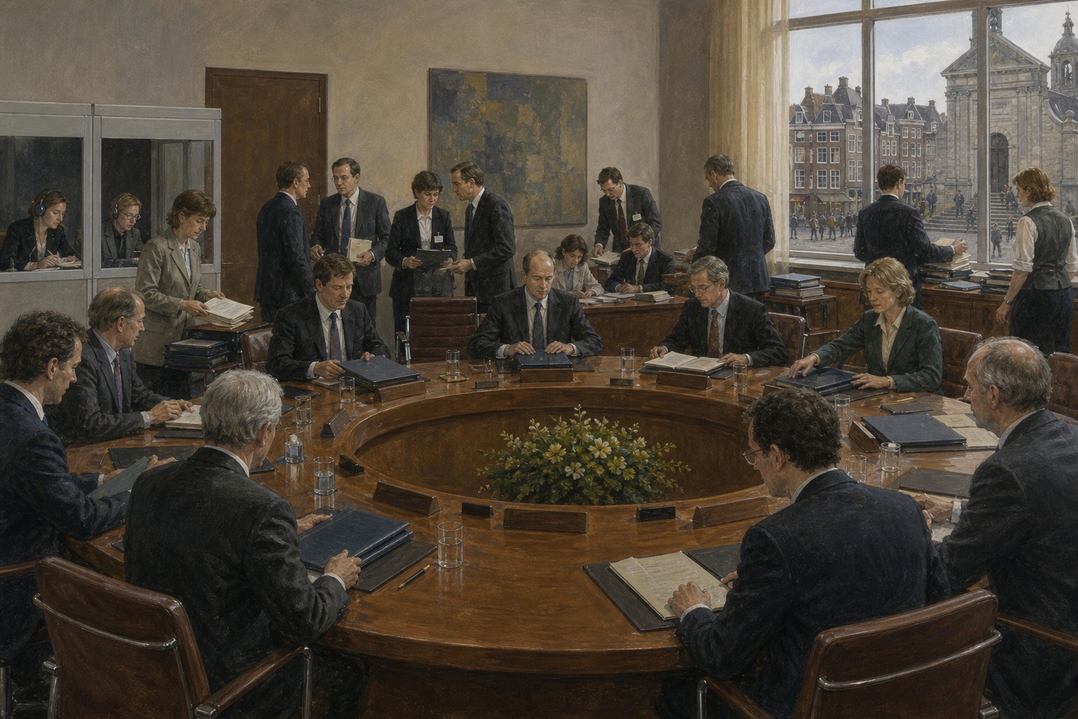 Reconstruction of European delegations negotiating the Maastricht Treaty around a long table