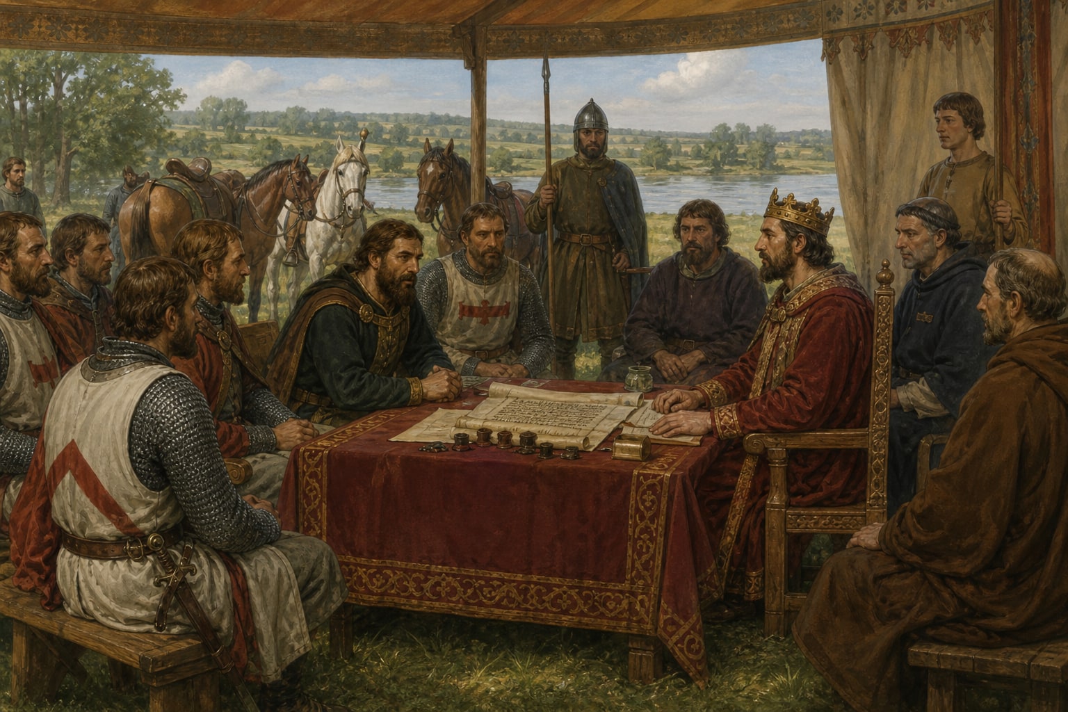 Illustrated reconstruction of King John and barons negotiating the Great Charter at Runnymede in 1215