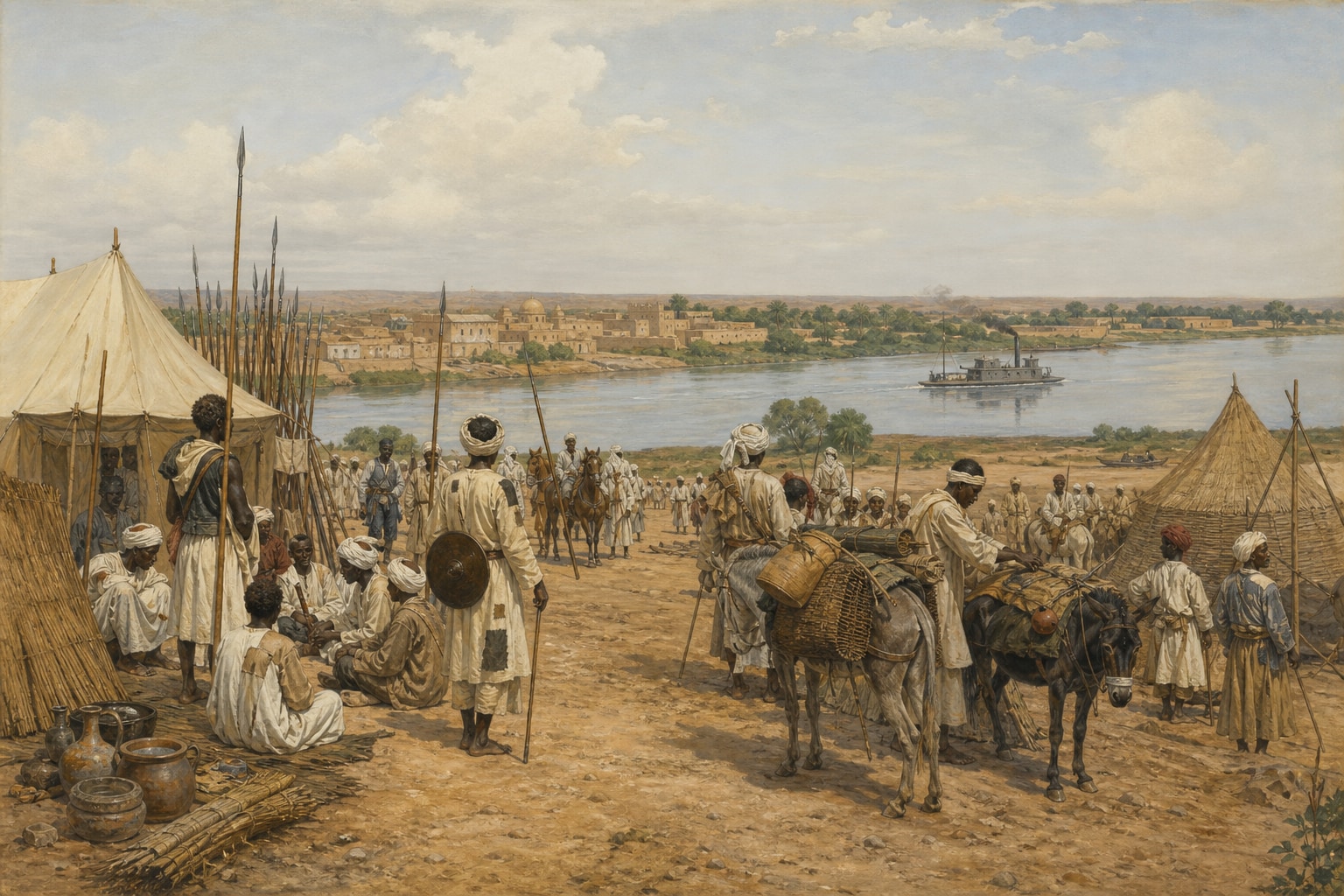 Reconstruction of Mahdist soldiers and a Nile-side city in the Mahdist state viewed from a distant 1885 landscape