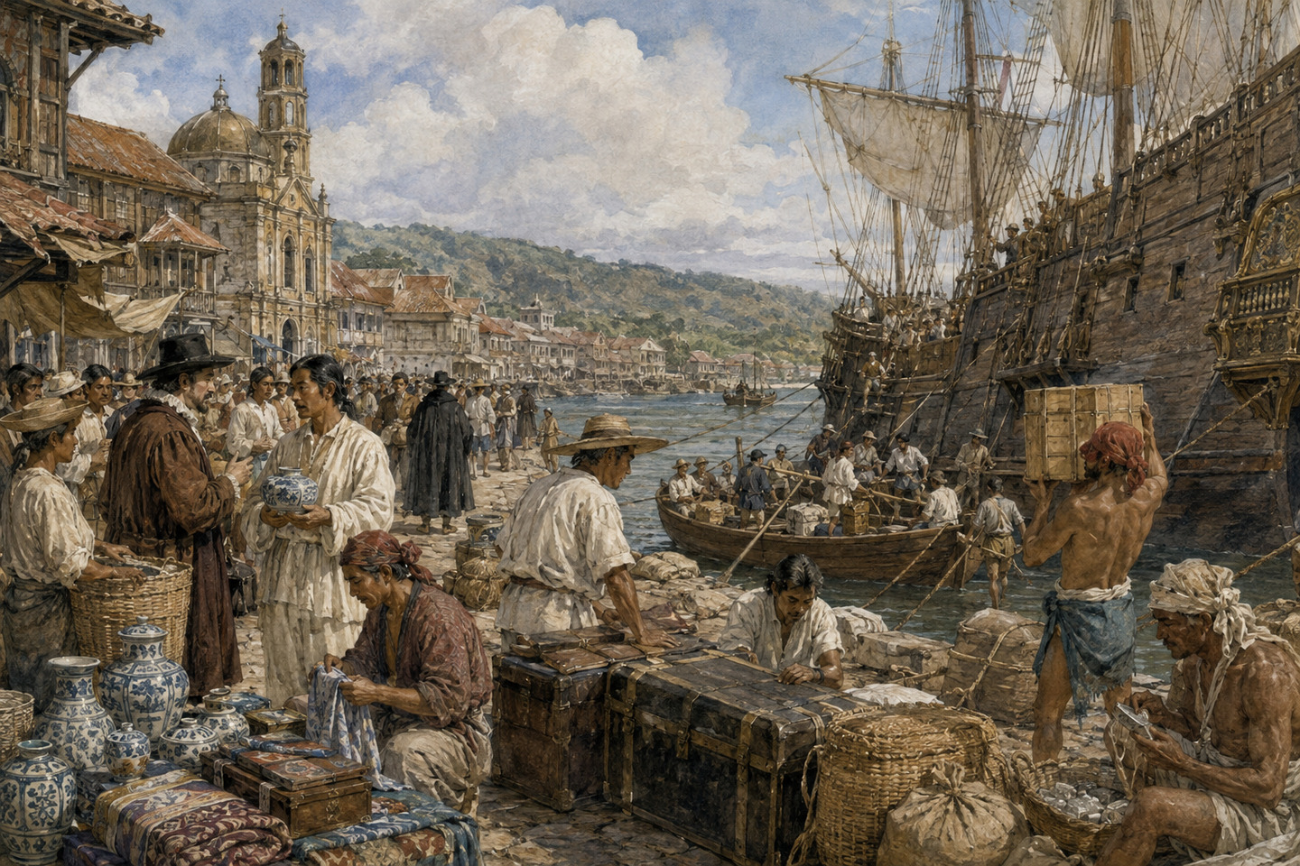 Historical reconstruction of Asian and Spanish merchants trading galleon cargo at the port of Manila