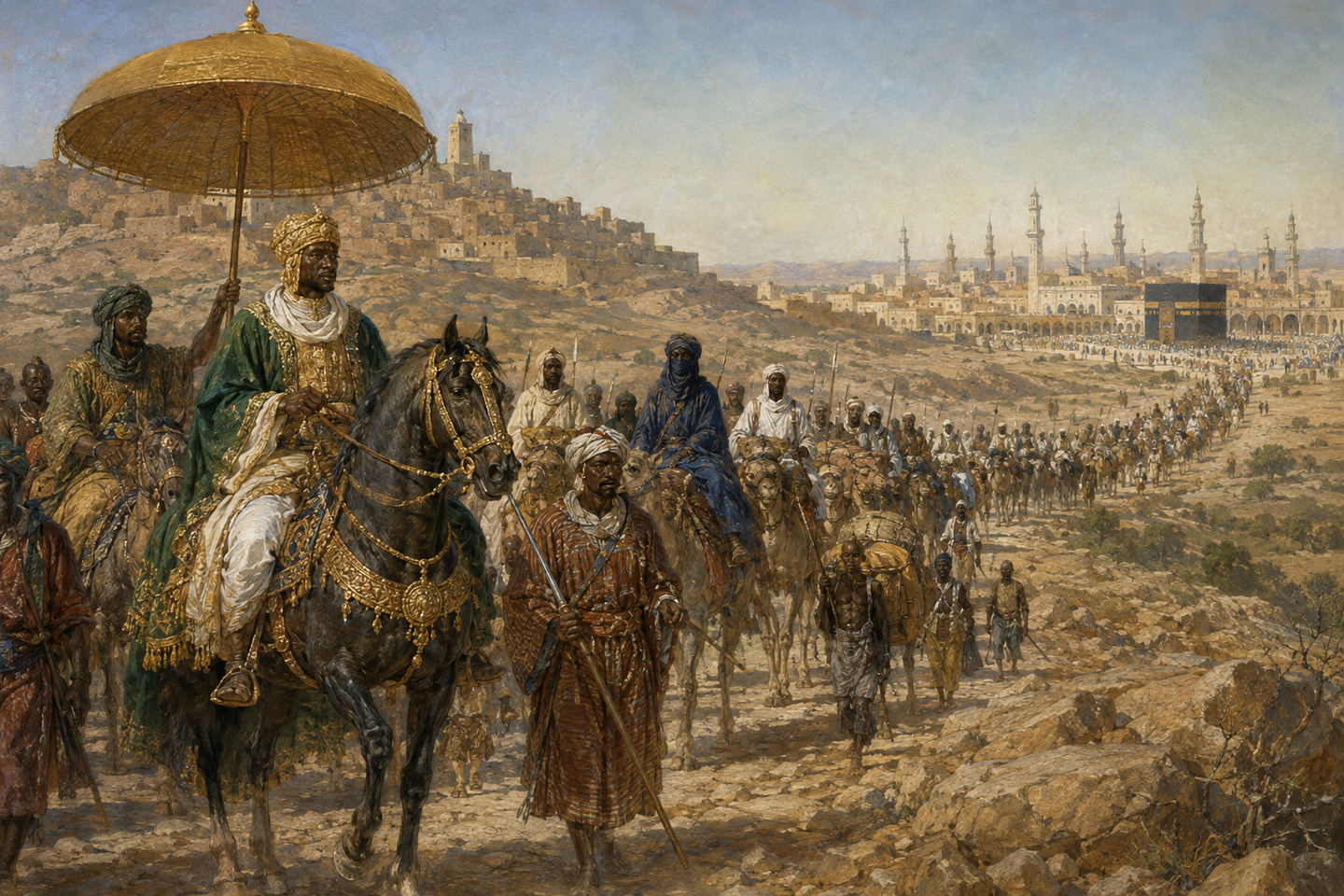Historical reconstruction of Mansa Musa and his large caravan arriving at Mecca on pilgrimage