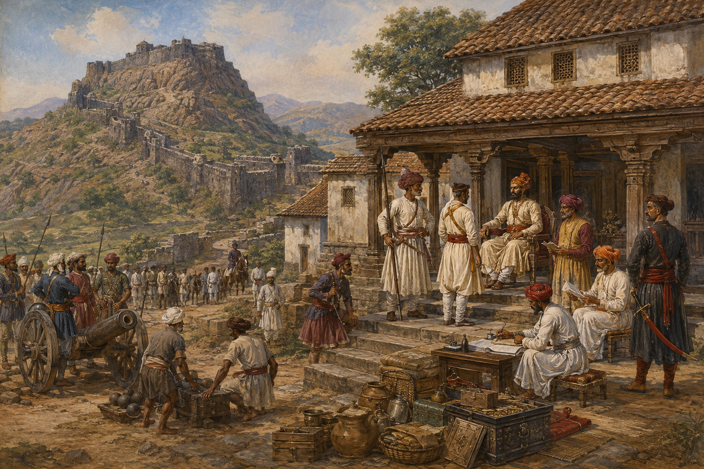 Historical reconstruction of Maratha leaders, soldiers, and artillery conferring below a hill fort on the Deccan