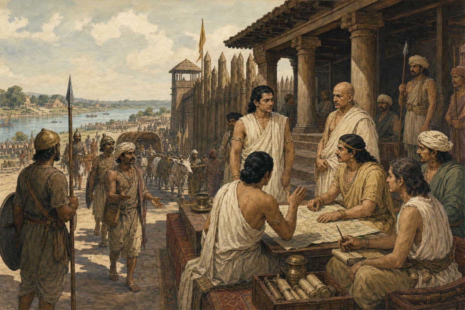 Illustrated reconstruction of administrators and soldiers conferring in timber-built Pataliputra