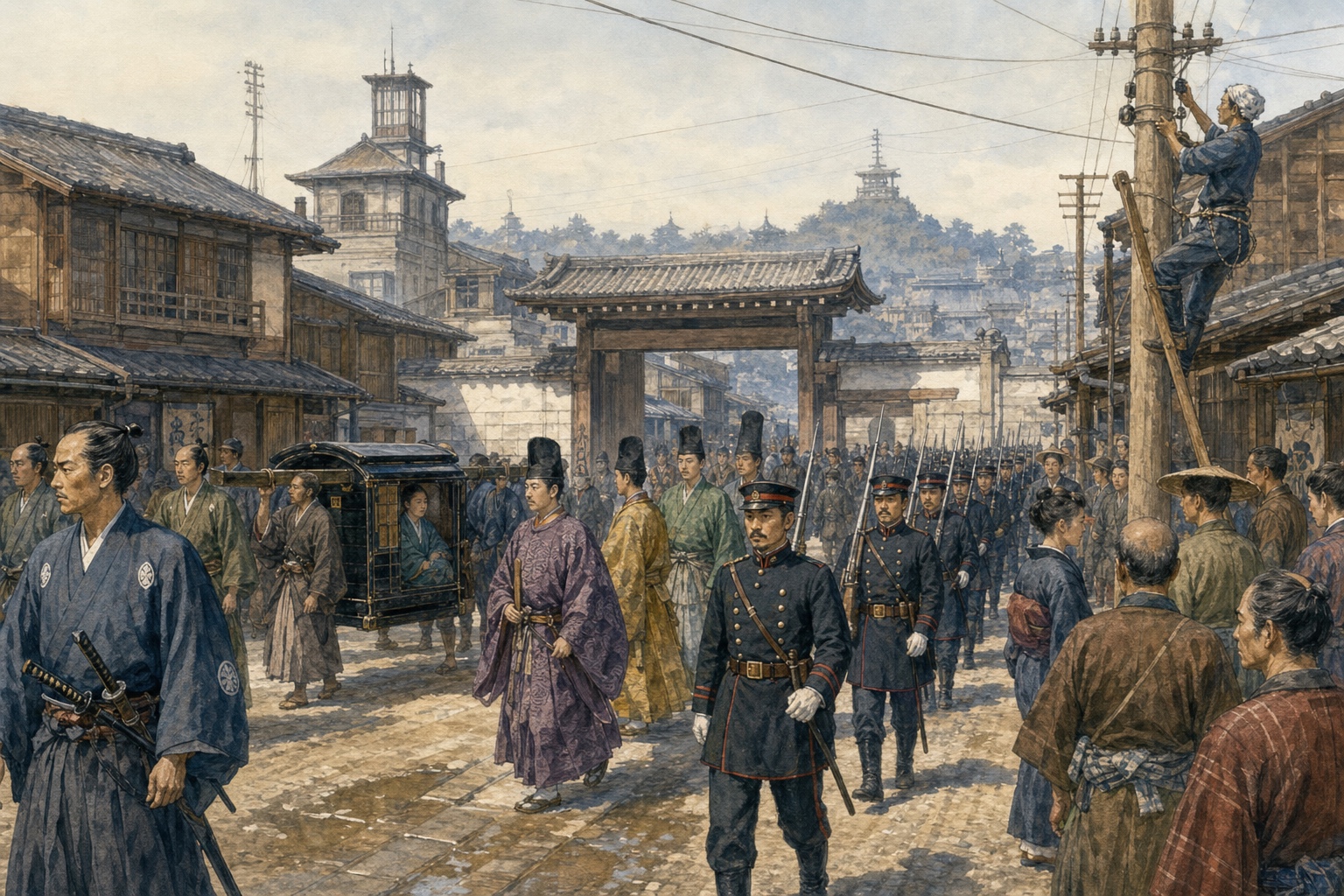 Illustrated reconstruction of samurai, modern-drilled troops, a palanquin, and telegraph work sharing a city street