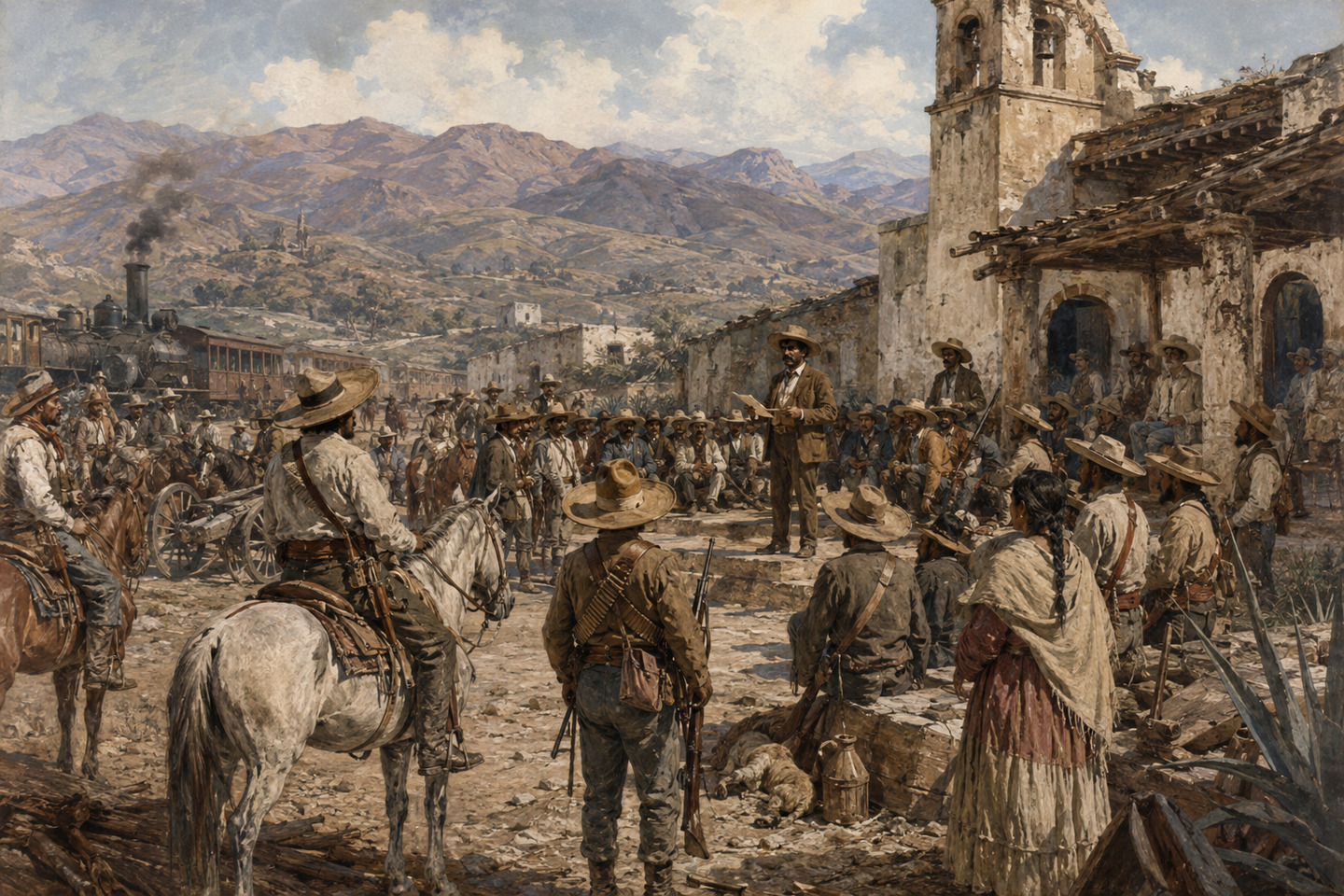 Historical reconstruction of mounted and foot revolutionaries assembling in a Mexican mountain town