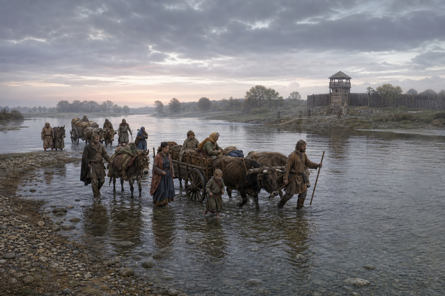 Reconstruction of late-fourth-century Gothic families crossing the Danube with carts and livestock toward the Roman frontier