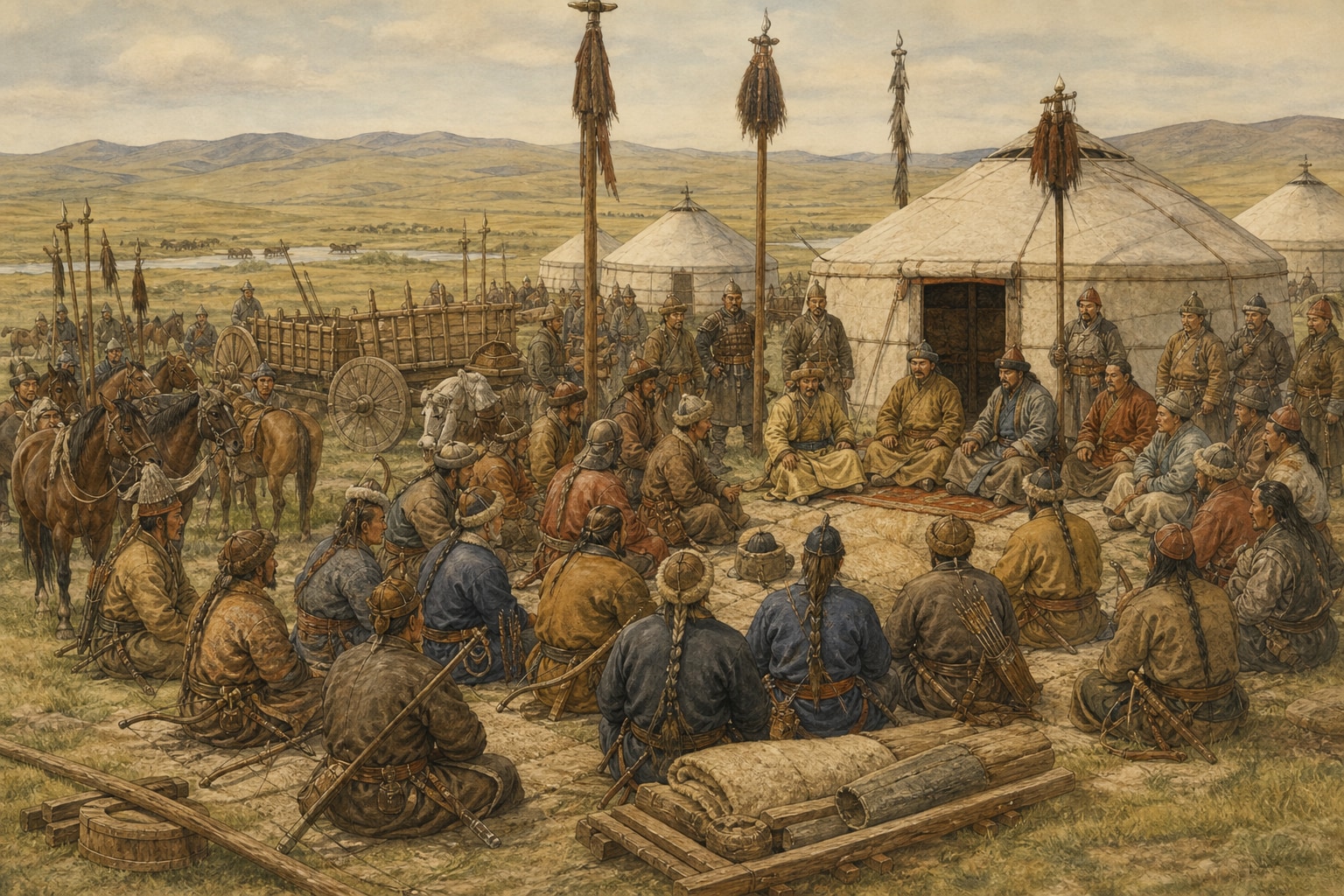 Illustrated reconstruction of a 1206 steppe kurultai and the new institutions of Mongol rule