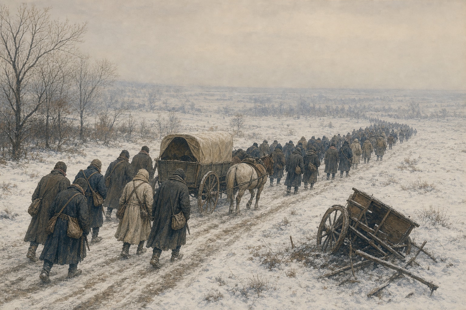 Illustrated reconstruction of French soldiers and wagons retreating along a snow-covered road