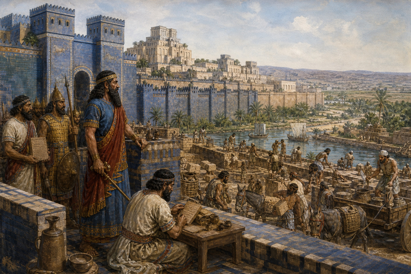 Historical reconstruction of soldiers, officials, and tribute bearers gathering at a blue-glazed Assyrian city gate