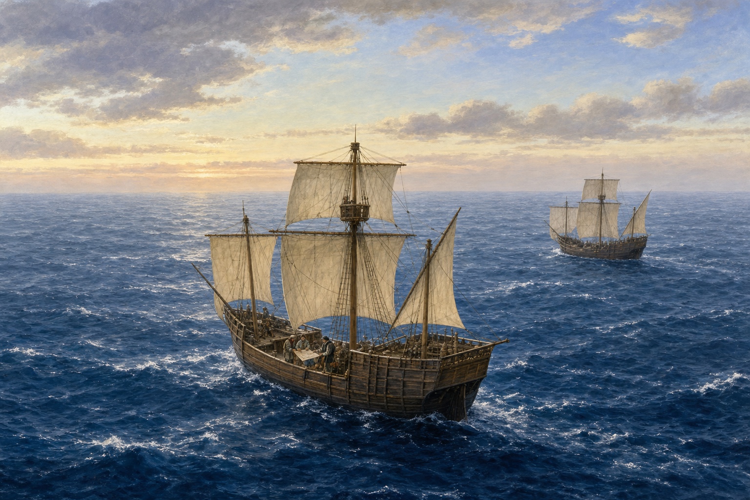 Late-fifteenth-century vessels cross the Atlantic while navigators consult a chart, representing the formation of ocean routes