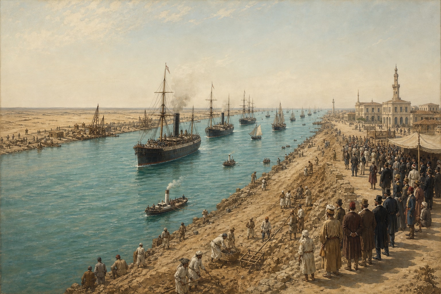 Reconstruction of ships passing Port Said during the opening ceremony of the Suez Canal in 1869
