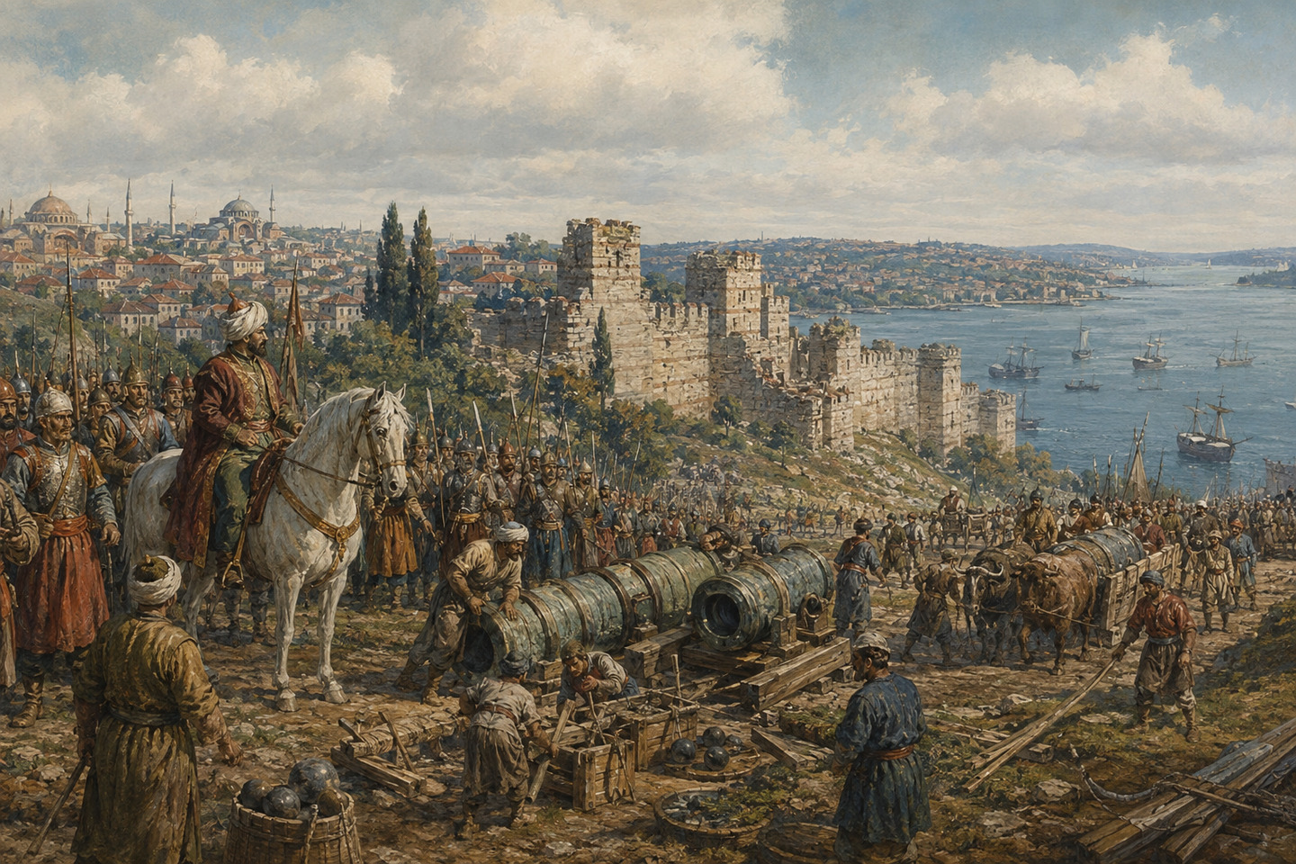 Historical reconstruction of Ottoman forces positioning great cannon before Constantinople’s walls as ships cross the strait