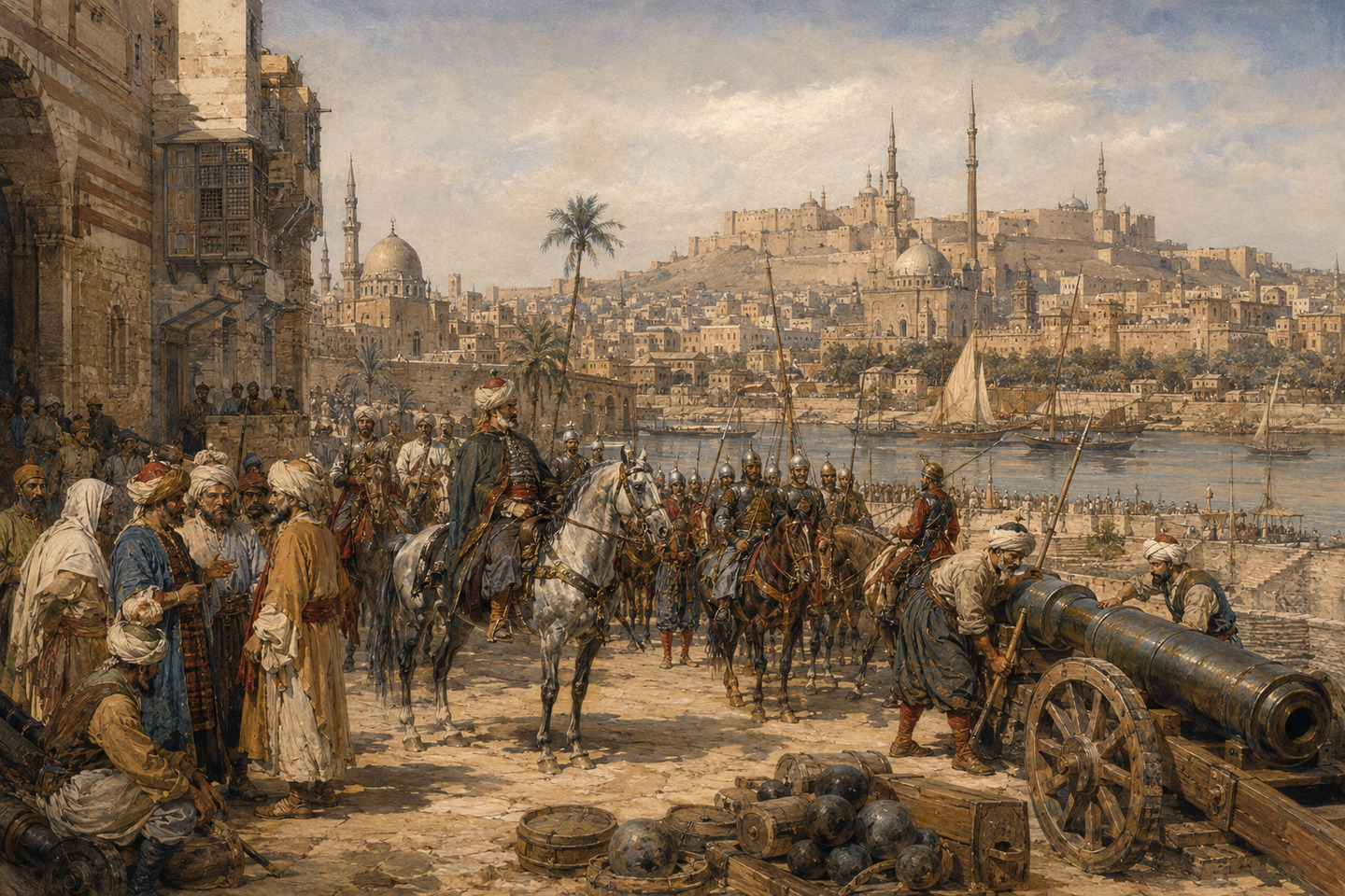 Historical reconstruction of Ottoman cavalry and cannon advancing toward Cairo during the conquest of Egypt