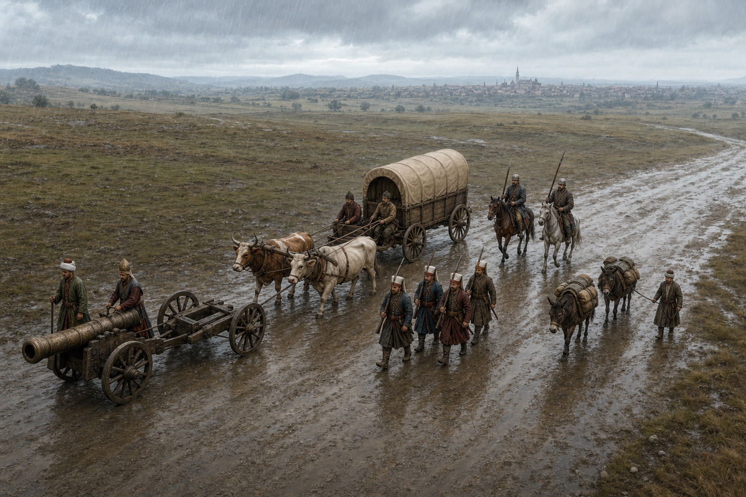 Reconstruction of an Ottoman army advancing toward Vienna along a rain-soaked central European road with artillery and supply wagons in 1529