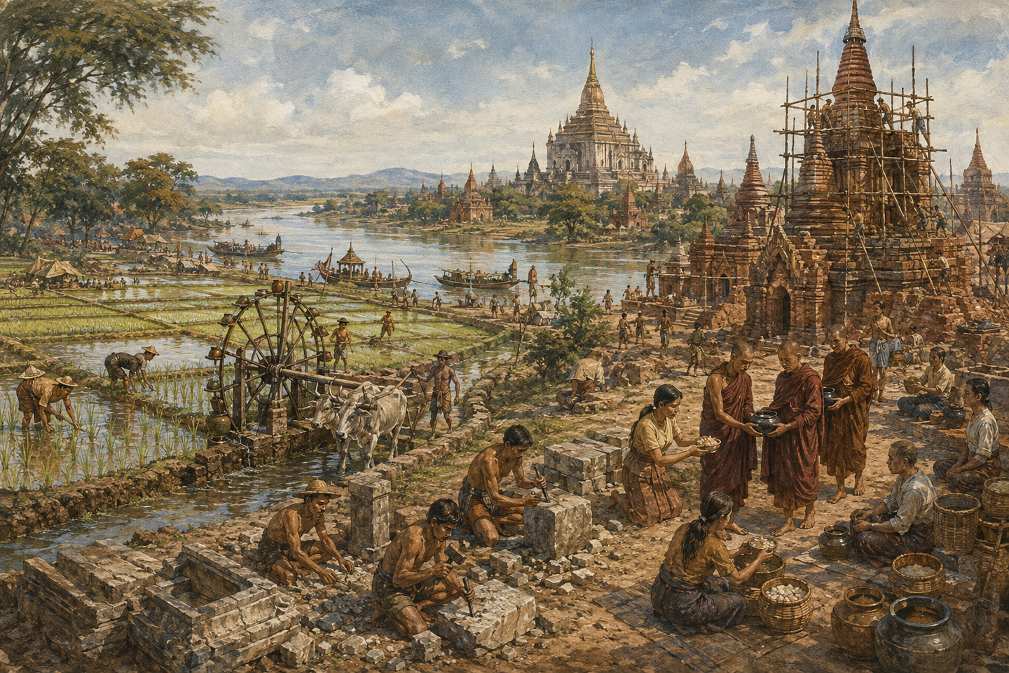 Historical reconstruction of monks and workers building temples and irrigation works on the Pagan plain
