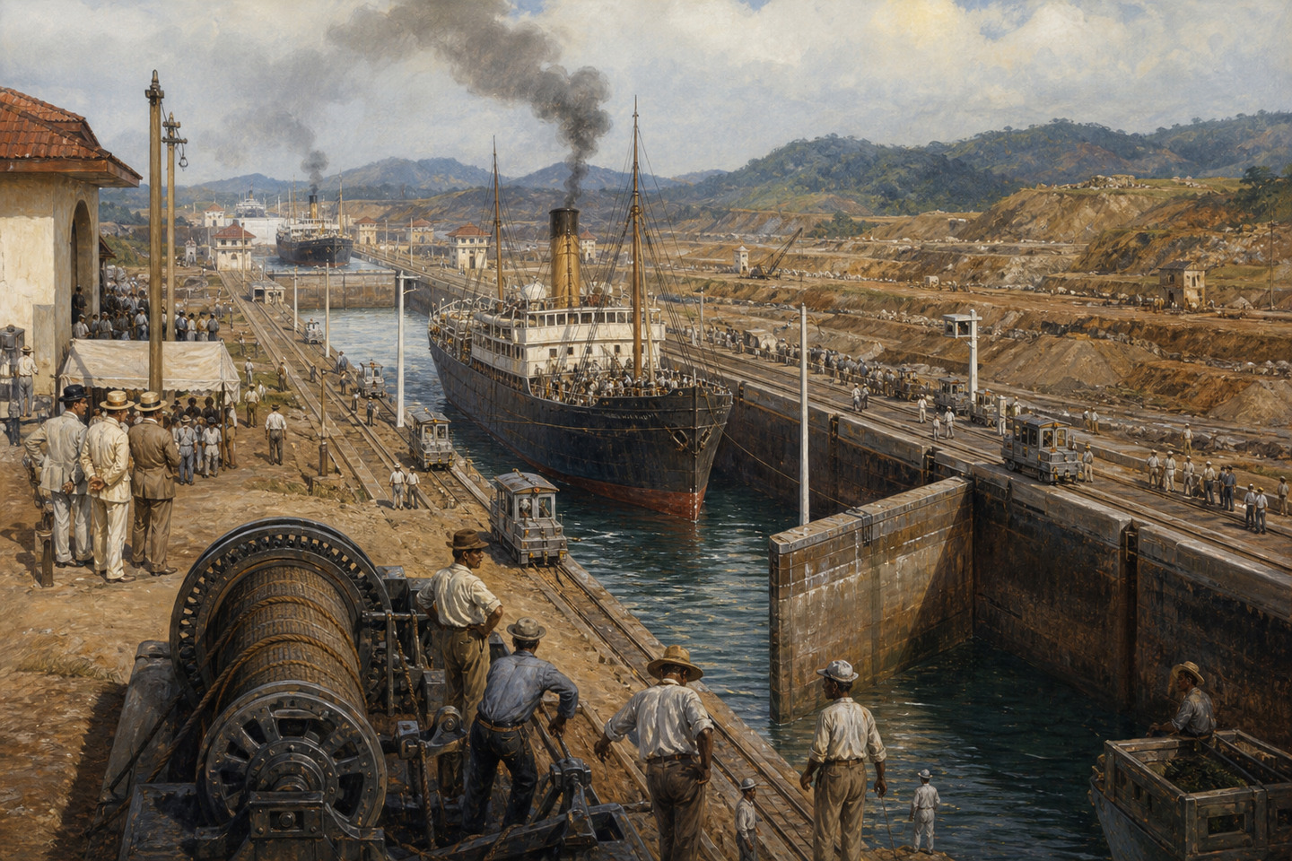 Historical reconstruction of a steamship passing through the Panama Canal locks as workers watch
