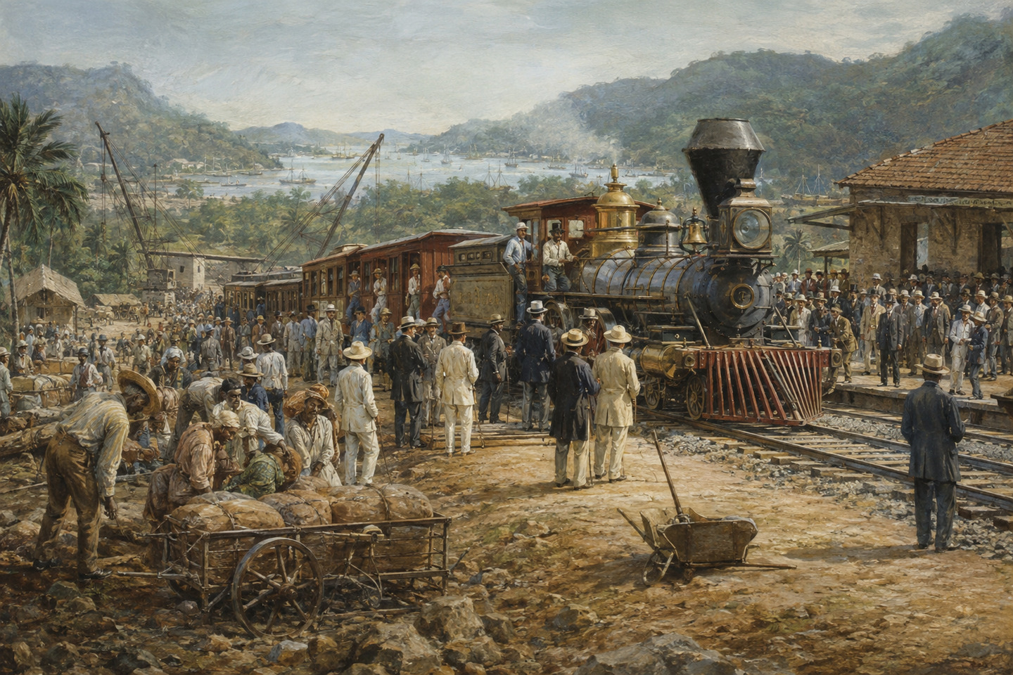 Historical reconstruction of a steam locomotive arriving at a tropical Panama station crowded with workers and passengers
