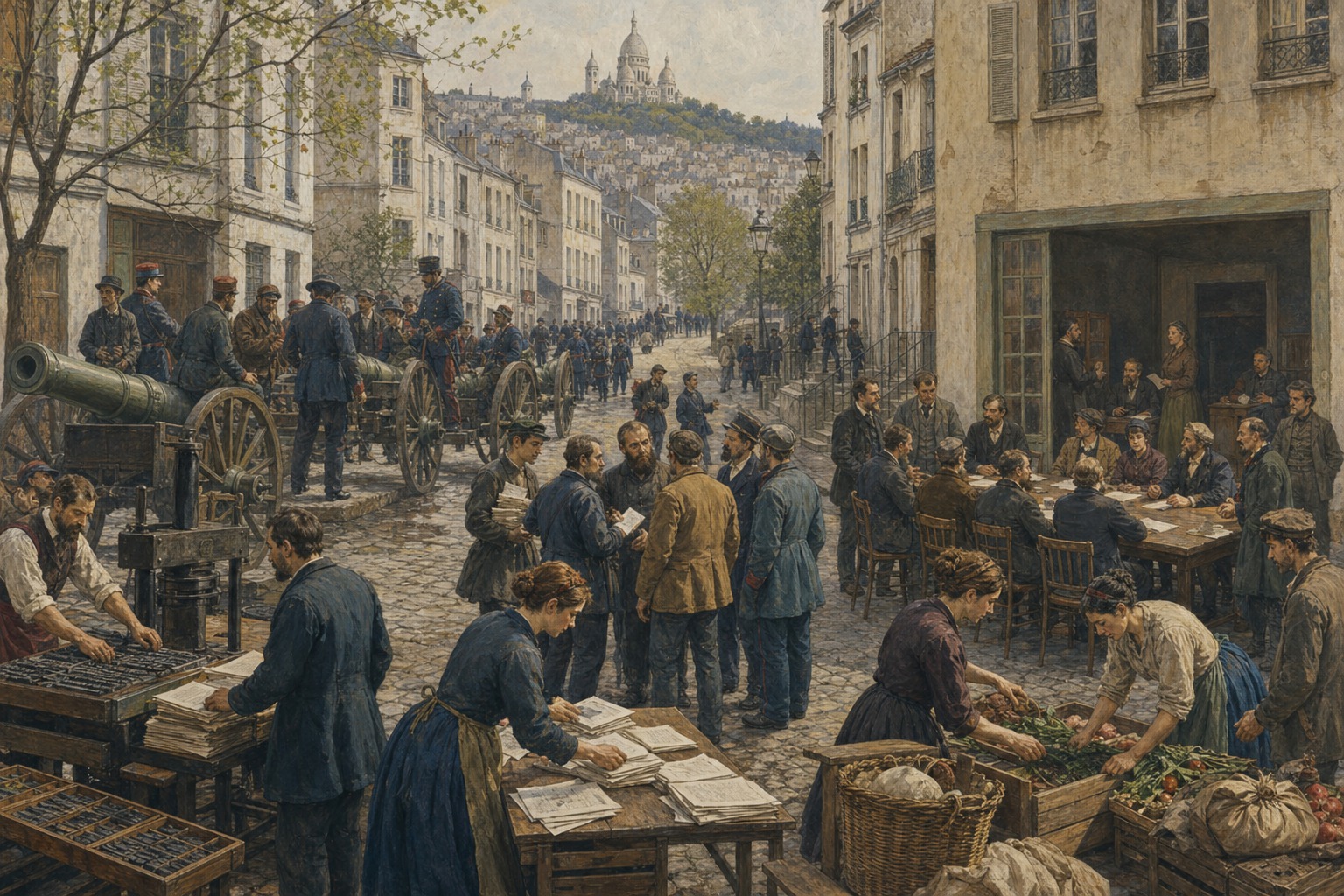 Reconstruction of delegates and National Guard members organizing civic life during the Paris Commune