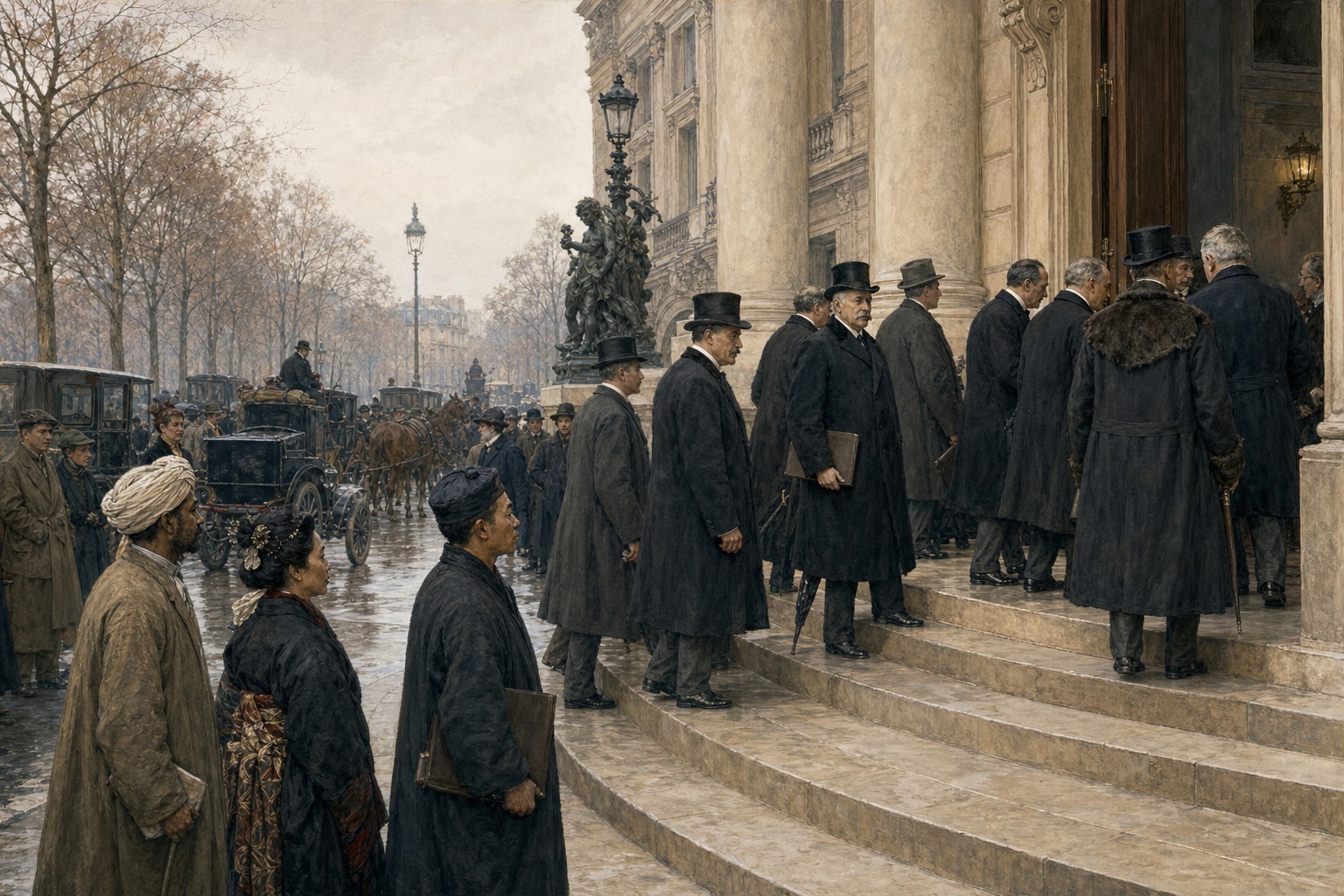 Illustrated reconstruction of international delegates arriving at the 1919 Paris Peace Conference