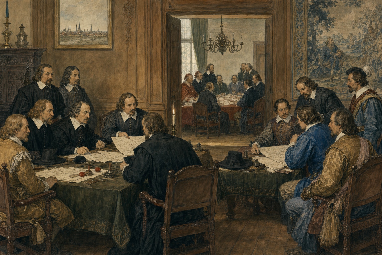 Illustrated reconstruction of multinational delegations negotiating in Münster and Osnabrück