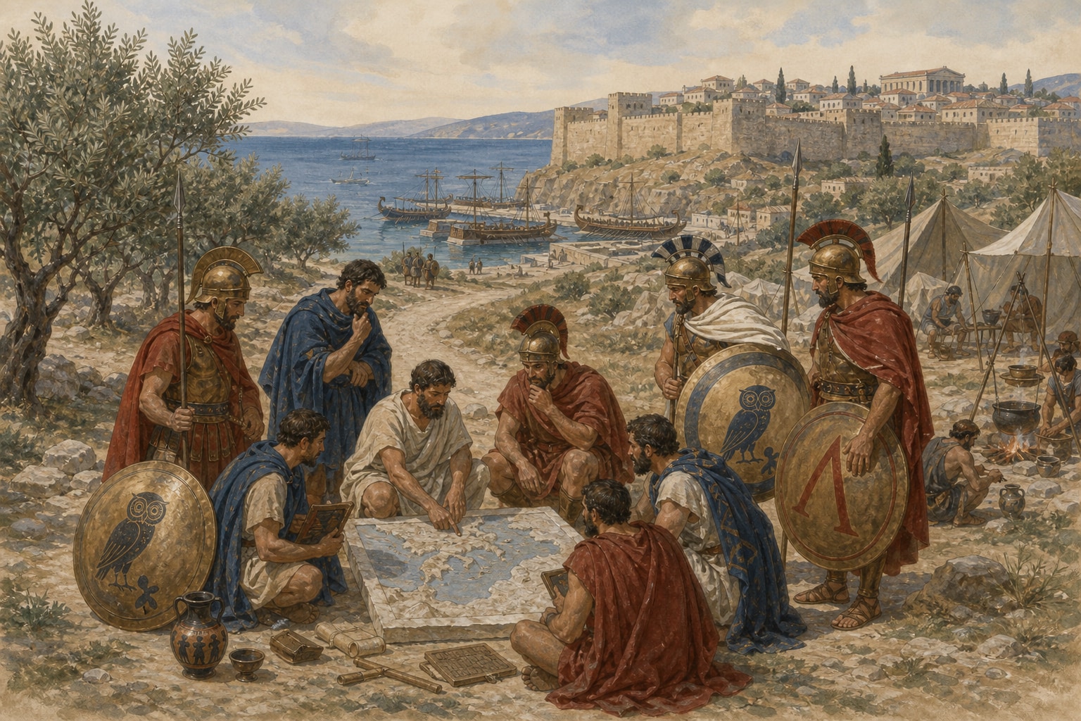 Reconstruction of citizens and soldiers consulting over a map of the Athenian and Spartan spheres in fifth-century BCE Greece