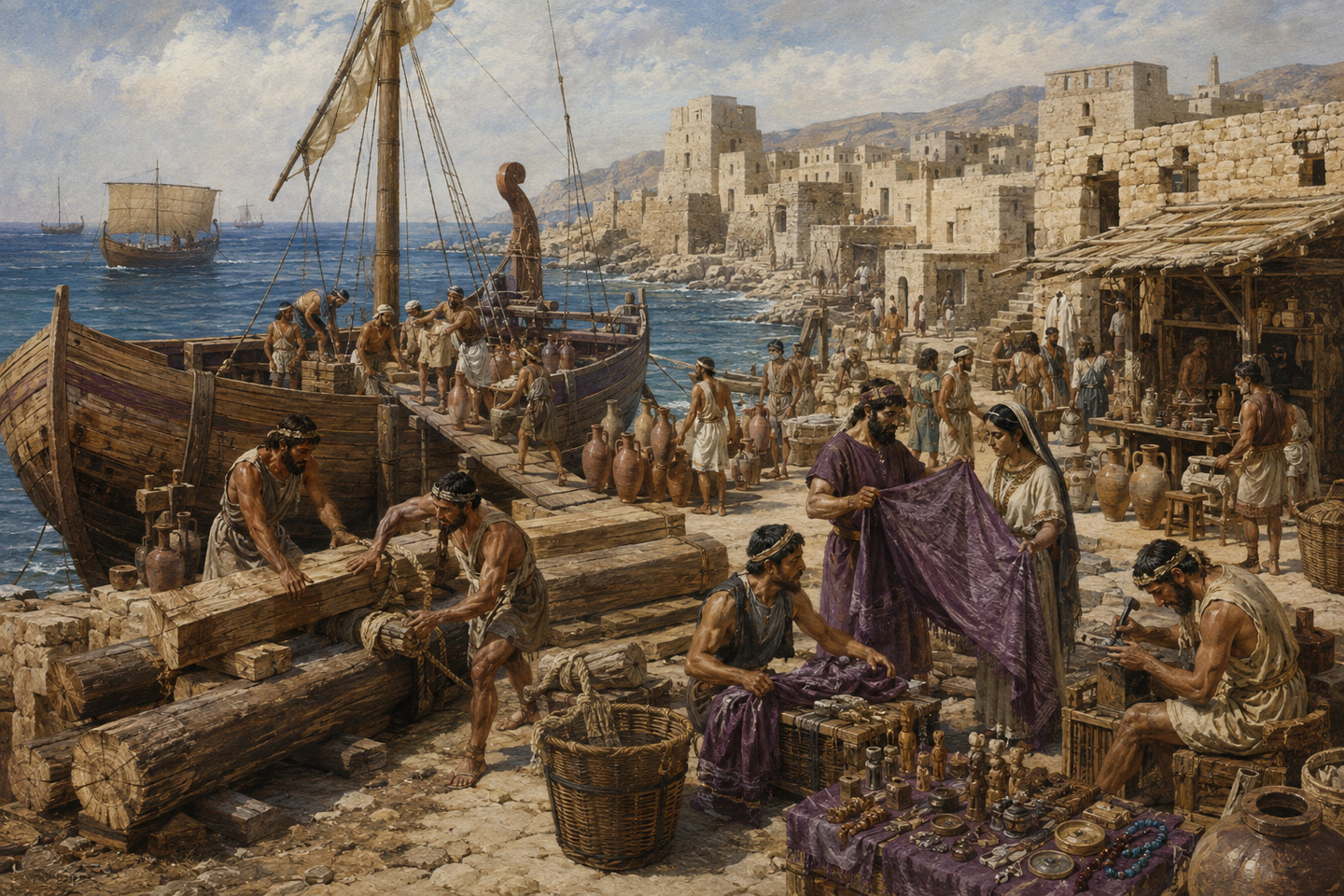 Historical reconstruction of shipwrights and merchants handling timber, amphorae, and purple cloth at a Levantine port