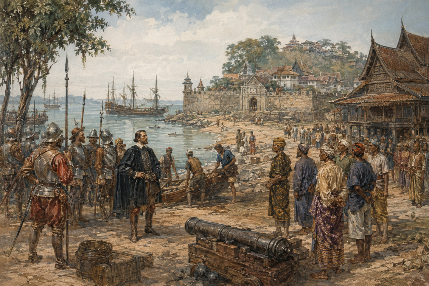Historical reconstruction of Portuguese soldiers facing local envoys and residents at the port of Malacca