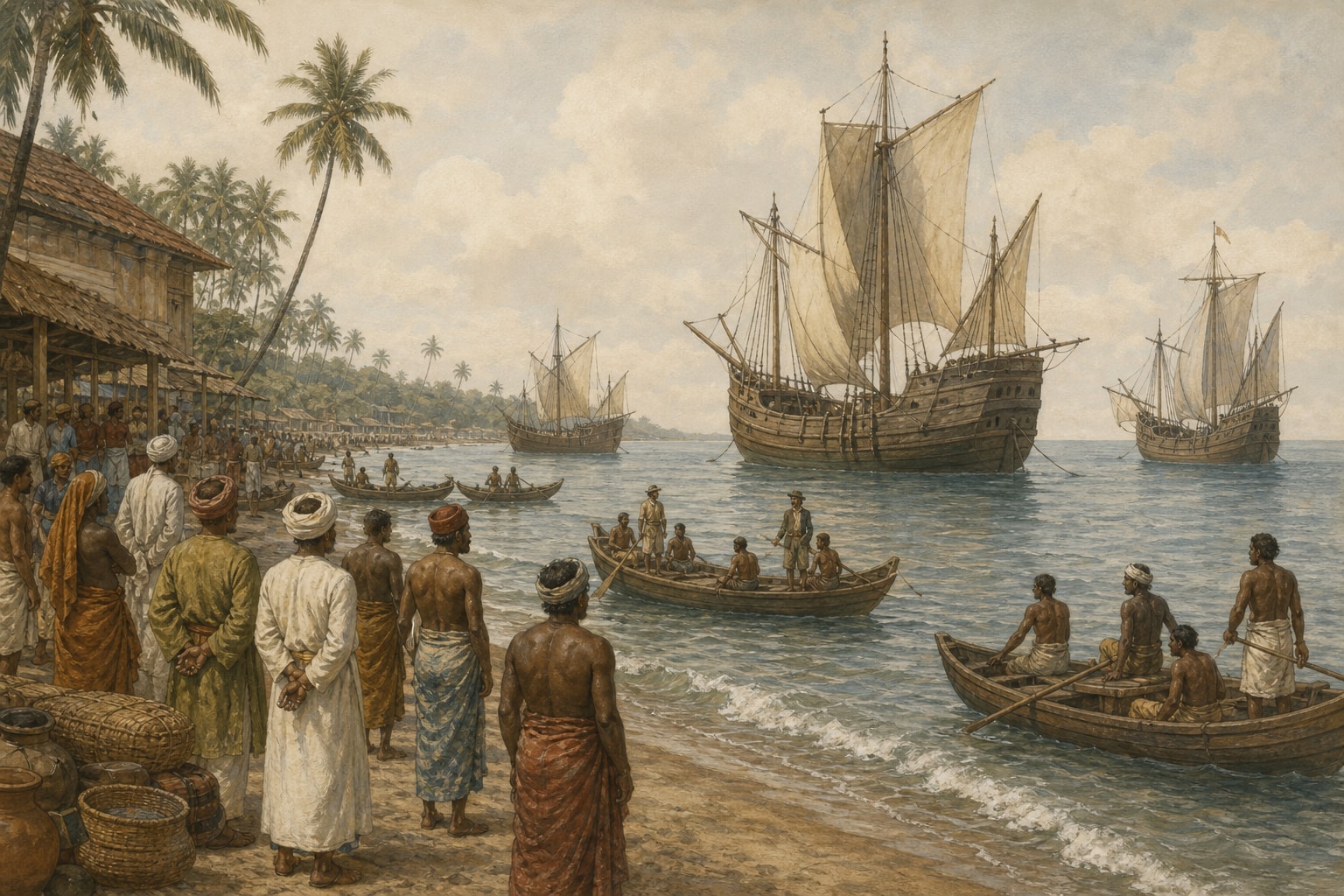 Illustrated reconstruction of Vasco da Gama's late-fifteenth-century fleet arriving off Calicut
